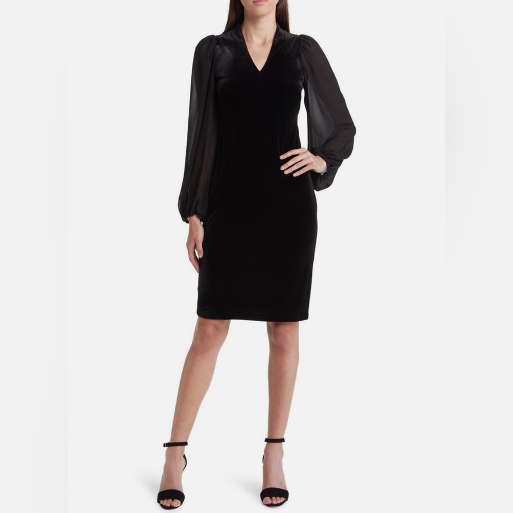 NWOT Vince Camuto Elegant Black Velvet Chiffon Sleeve Shift Dress, Size 6